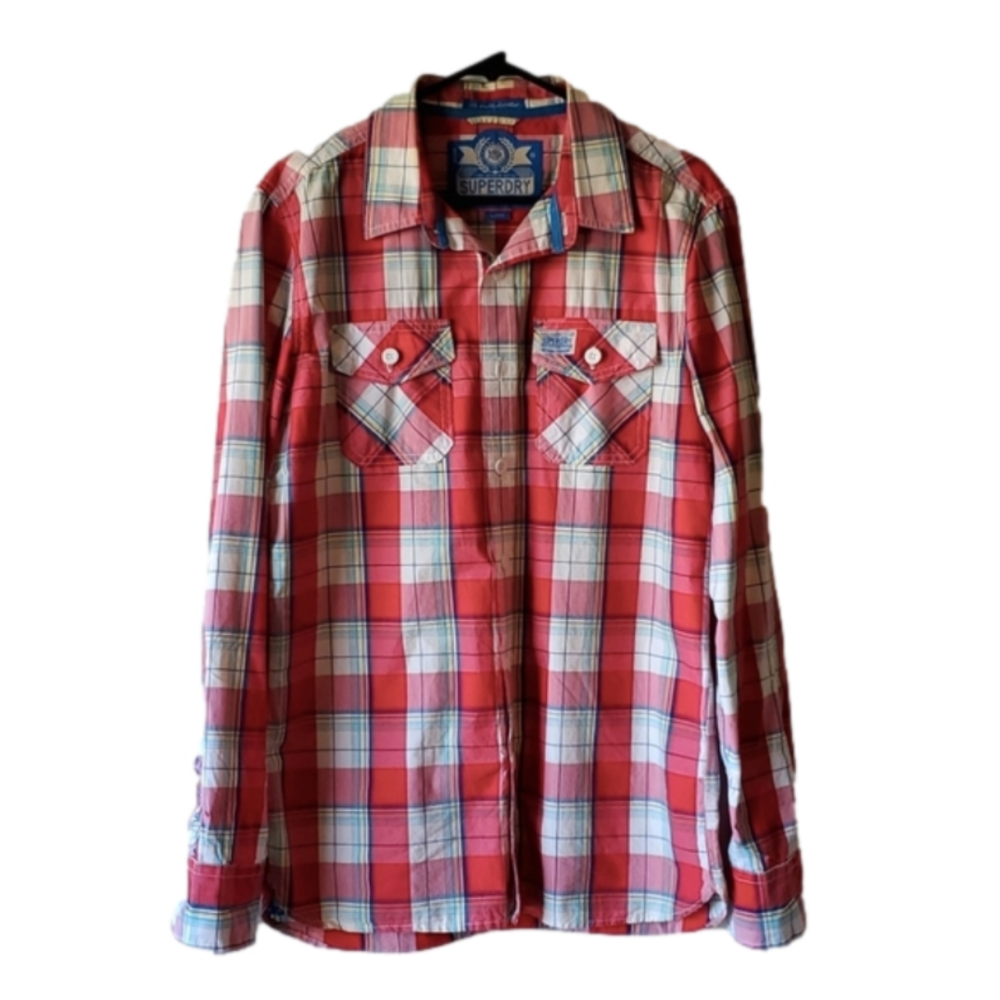 Superdry red white + blue check gingham flannel design look buttonup dress shirt